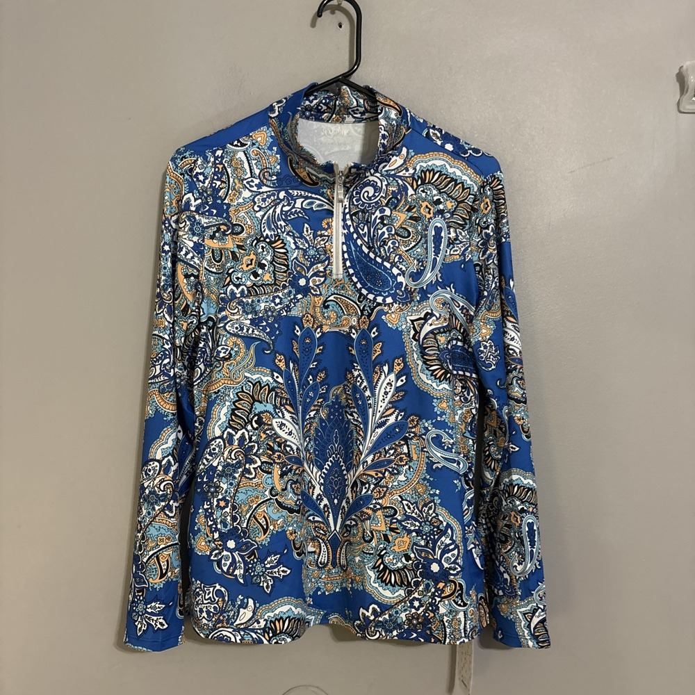 NWT Acegolfs Lg blue pasiley print UPF50+ long sleeve 1/4 zip popover top Golf